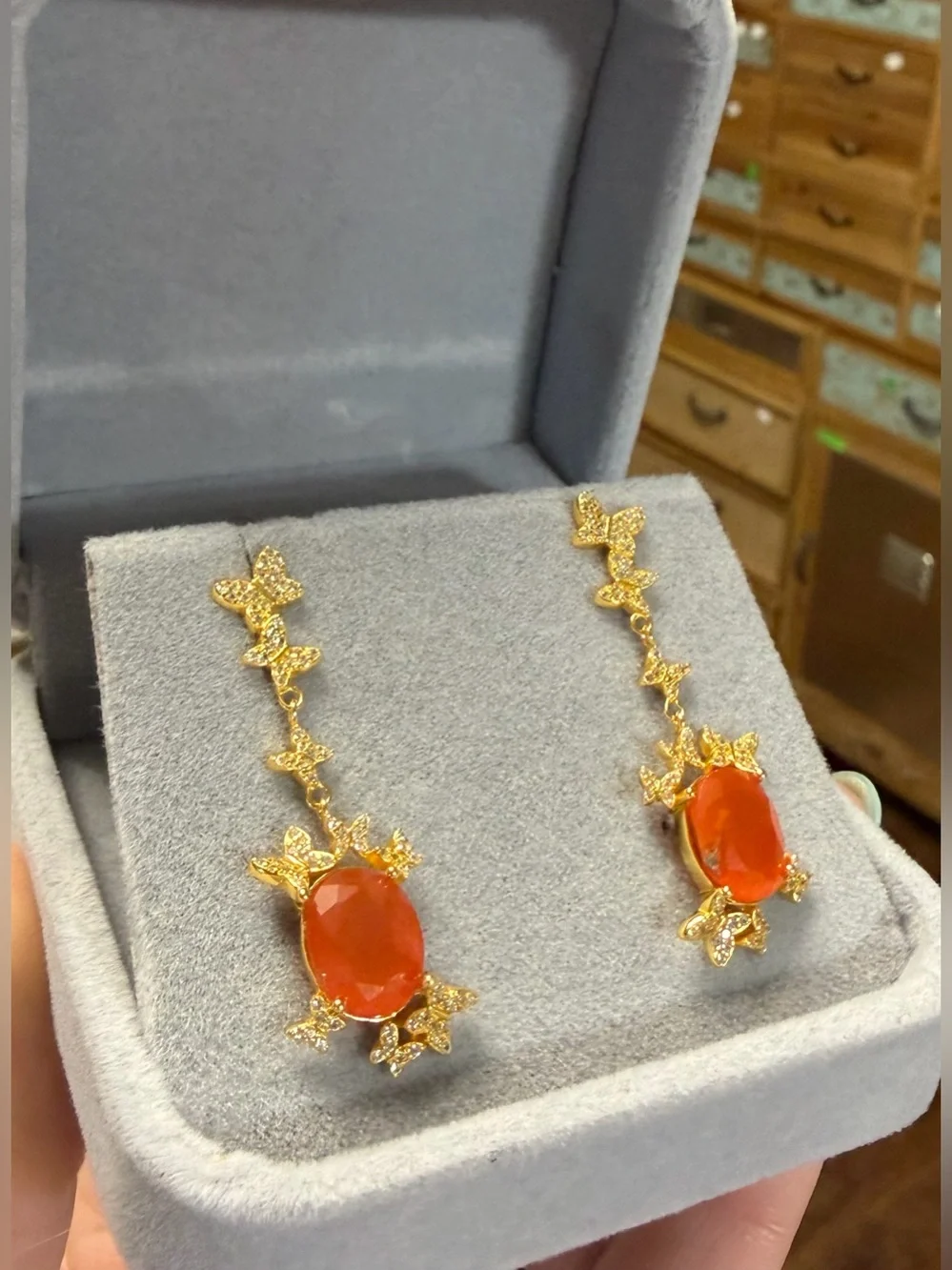 Natural Carnelian 3CT w/ Zircon in 18K Yellow Gold butterfly Dangle Earrings